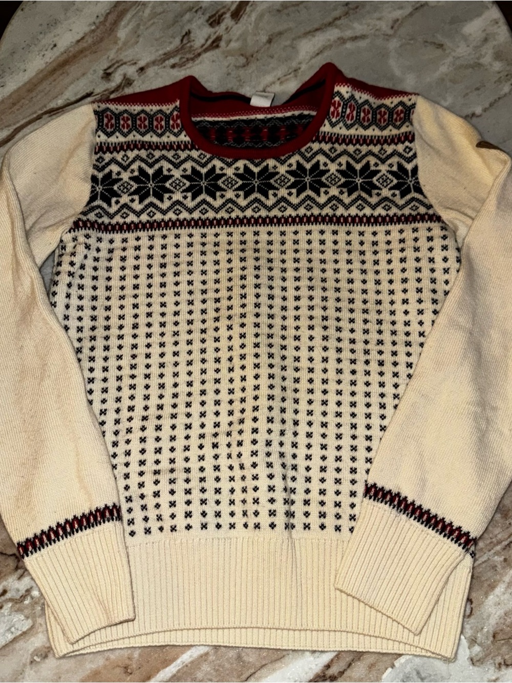 Dale of Norway Cream Fair Isle Crewneck Sweater with Red & Black Trim